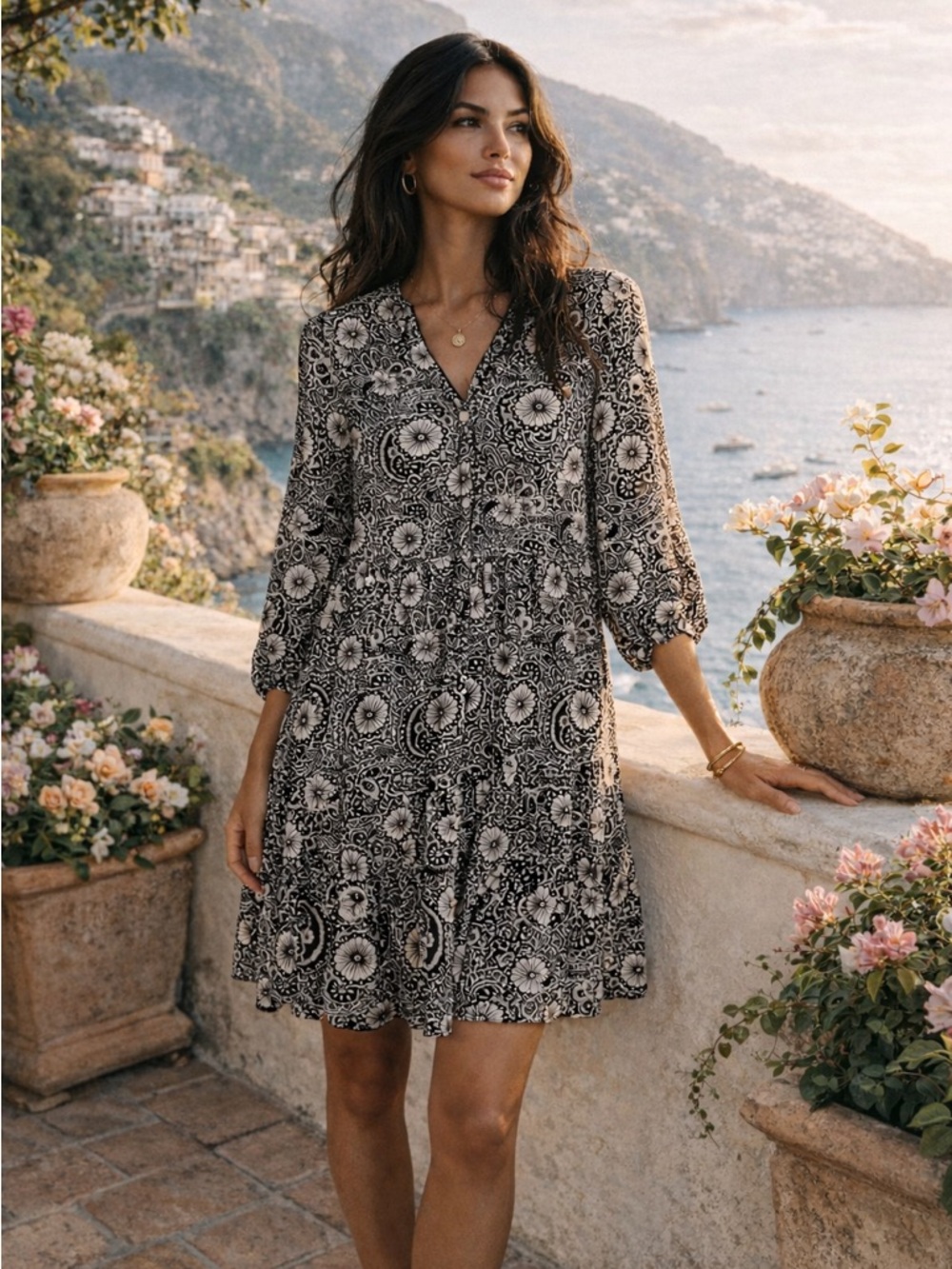 Linda Anderson Black & White Floral Tiered Boho Rayon Dress | Summer Neutral M